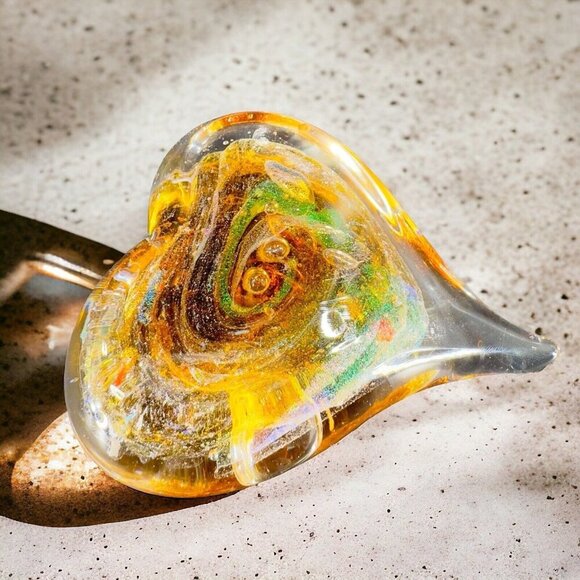 Hand Blown Art Glass Heart Figurine Paperweight Multicolor Swirls Artist Signed - Picture 2 of 16